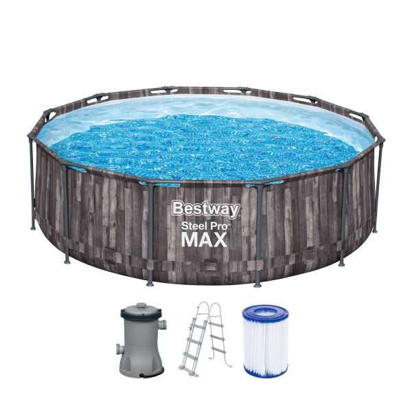 Steel Pro MAX™ Frame Pool-Set mit Filterpumpe Ø 366 x 100 cm, Holz-Optik (Mooreiche), rund