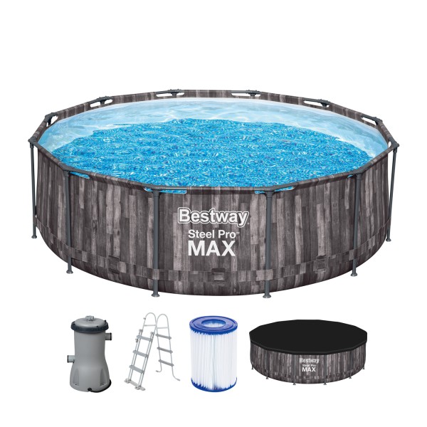 Steel Pro MAX™ Frame Pool Komplett-Set mit Filterpumpe Ø 427 x 107 cm, Holz-Optik (Mooreiche), rund