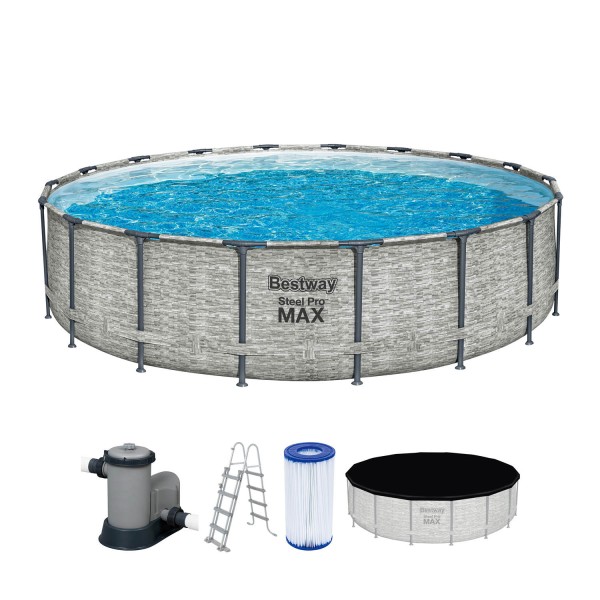 Steel Pro MAX™ Frame Pool Komplett-Set mit Filterpumpe Ø 549 x 122 cm, Steinwand-Optik (Cremegrau), rund