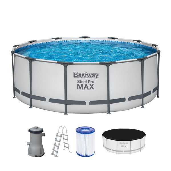 Bestway® Steel Pro MAX™ Aufstellpool Komplett-Set mit Filterpumpe Ø 396 x 122 cm, lichtgrau, rund